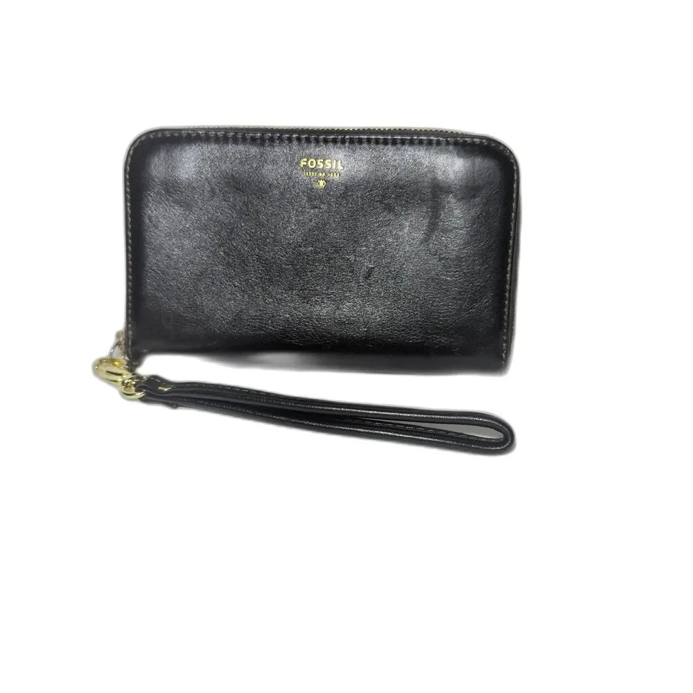 Fossil Black Pebbled Leather Zip Around Wristlet Card Wallet 6.25